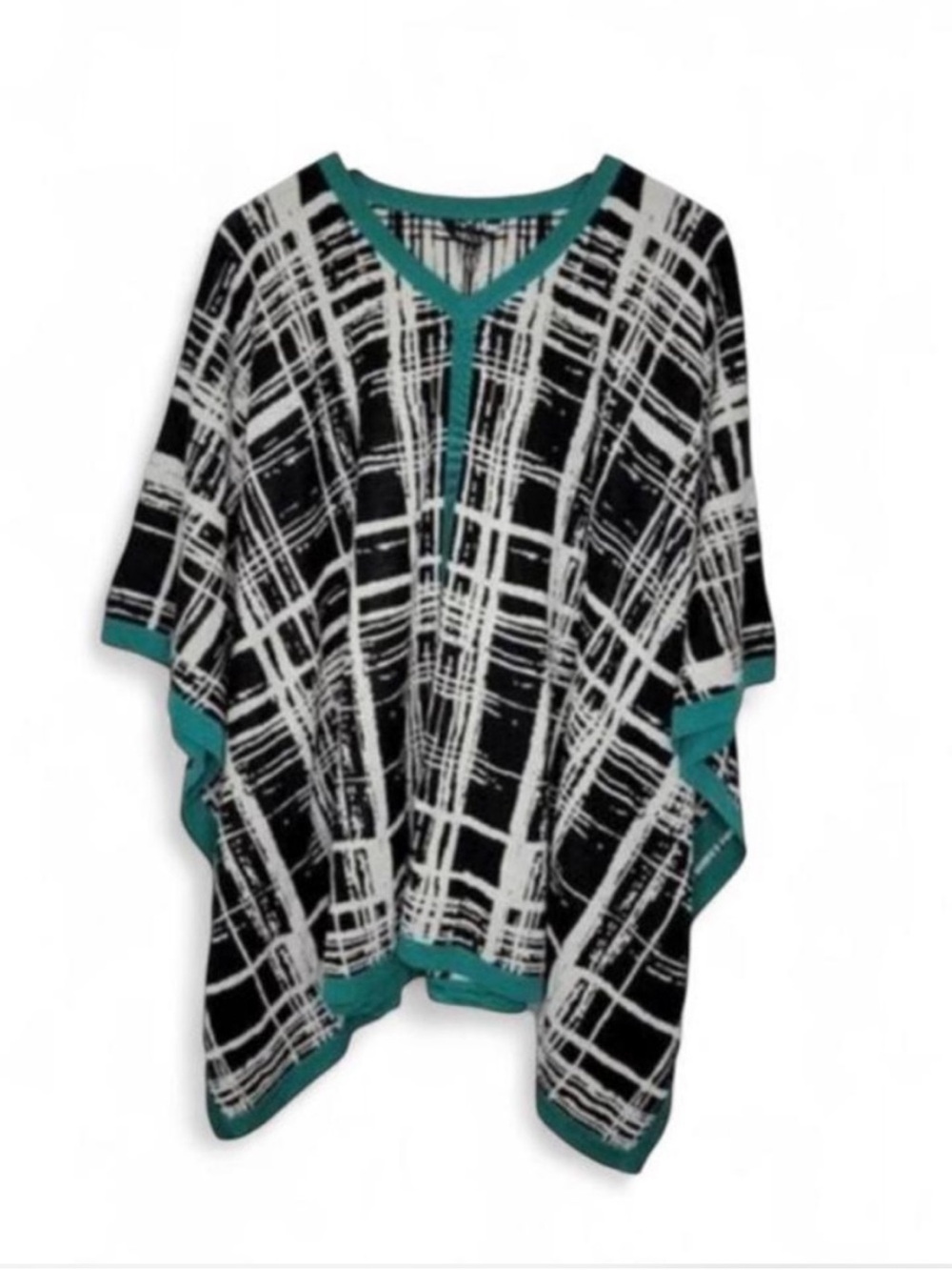 Misook Black & White Window Pane Poncho with Teal Trim Knit Lagenlook Size M